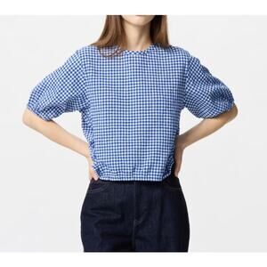 Uniqlo Seersucker Volume Blouse in Gingham Blue